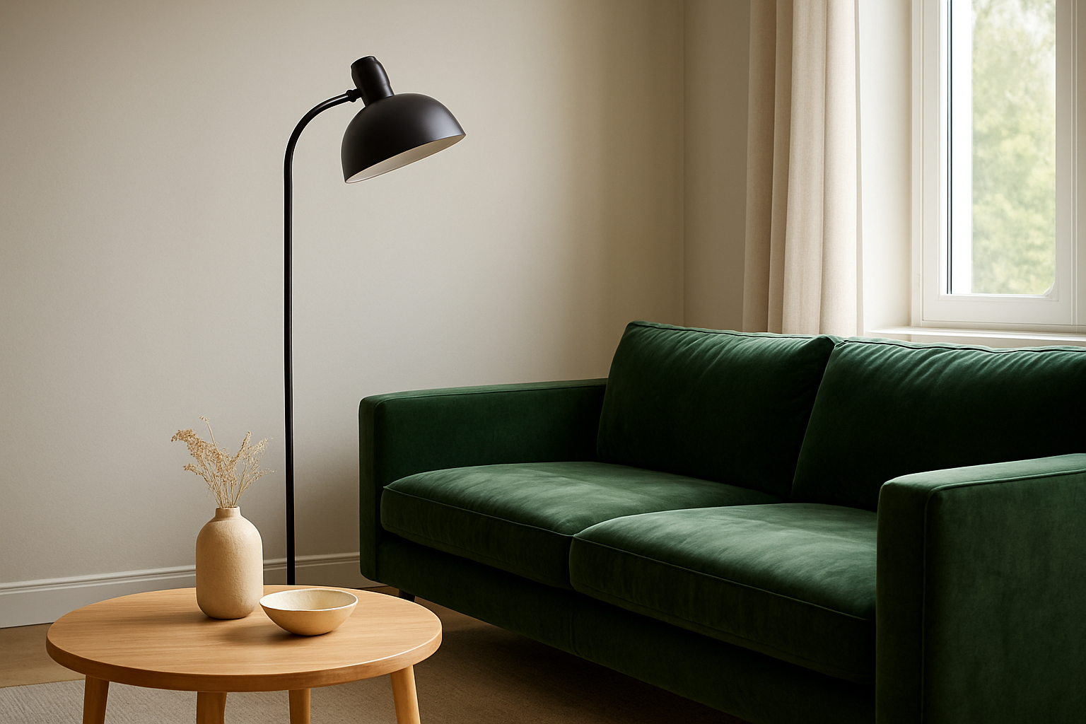 Lampadaire gras en métal noir avec base large posé près d'un canapé vert dans un salon lumineux et moderne