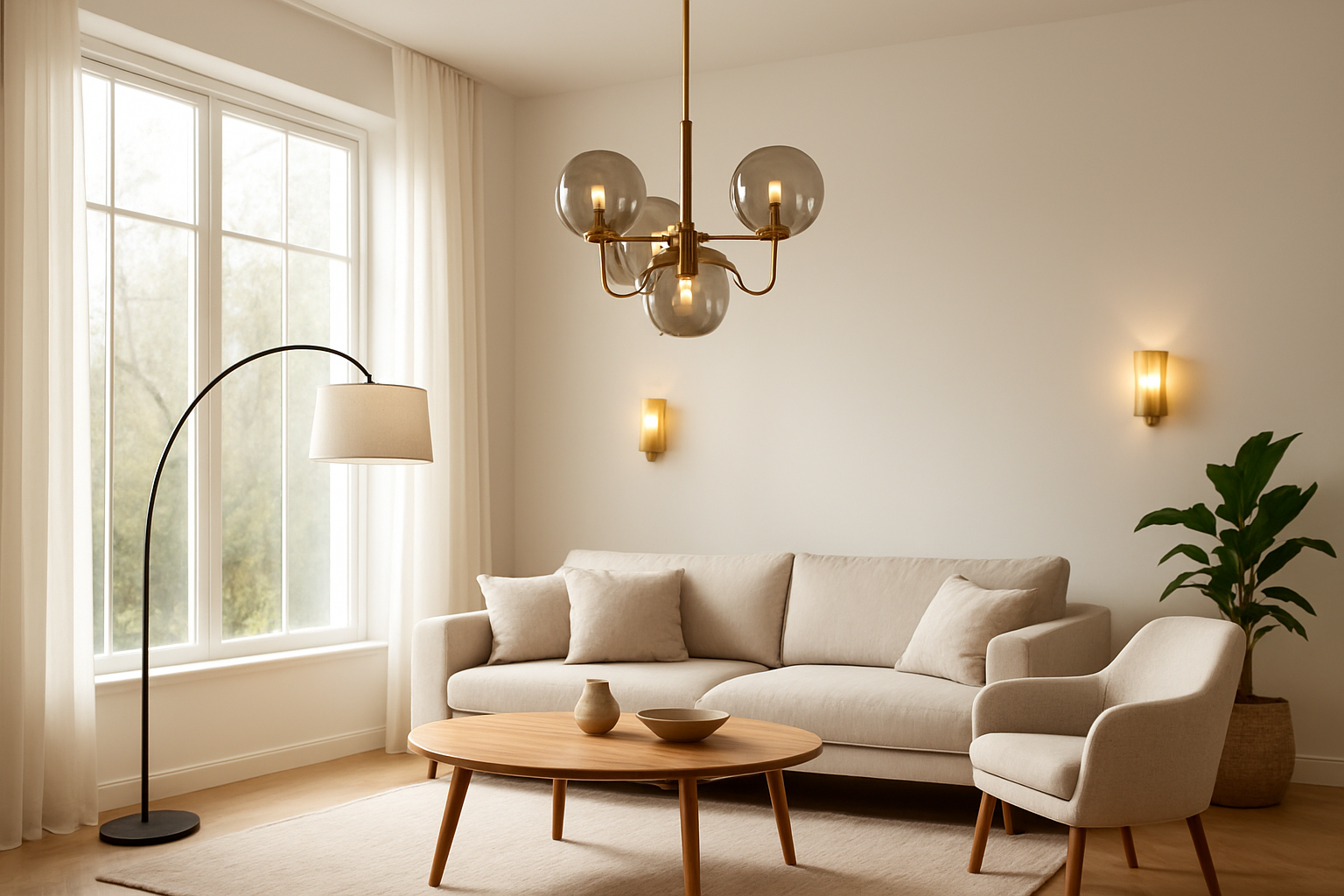 Salon contemporain avec suspension en laiton et verre fumé, lampadaire design et appliques murales, éclairé par la lumière naturelle.