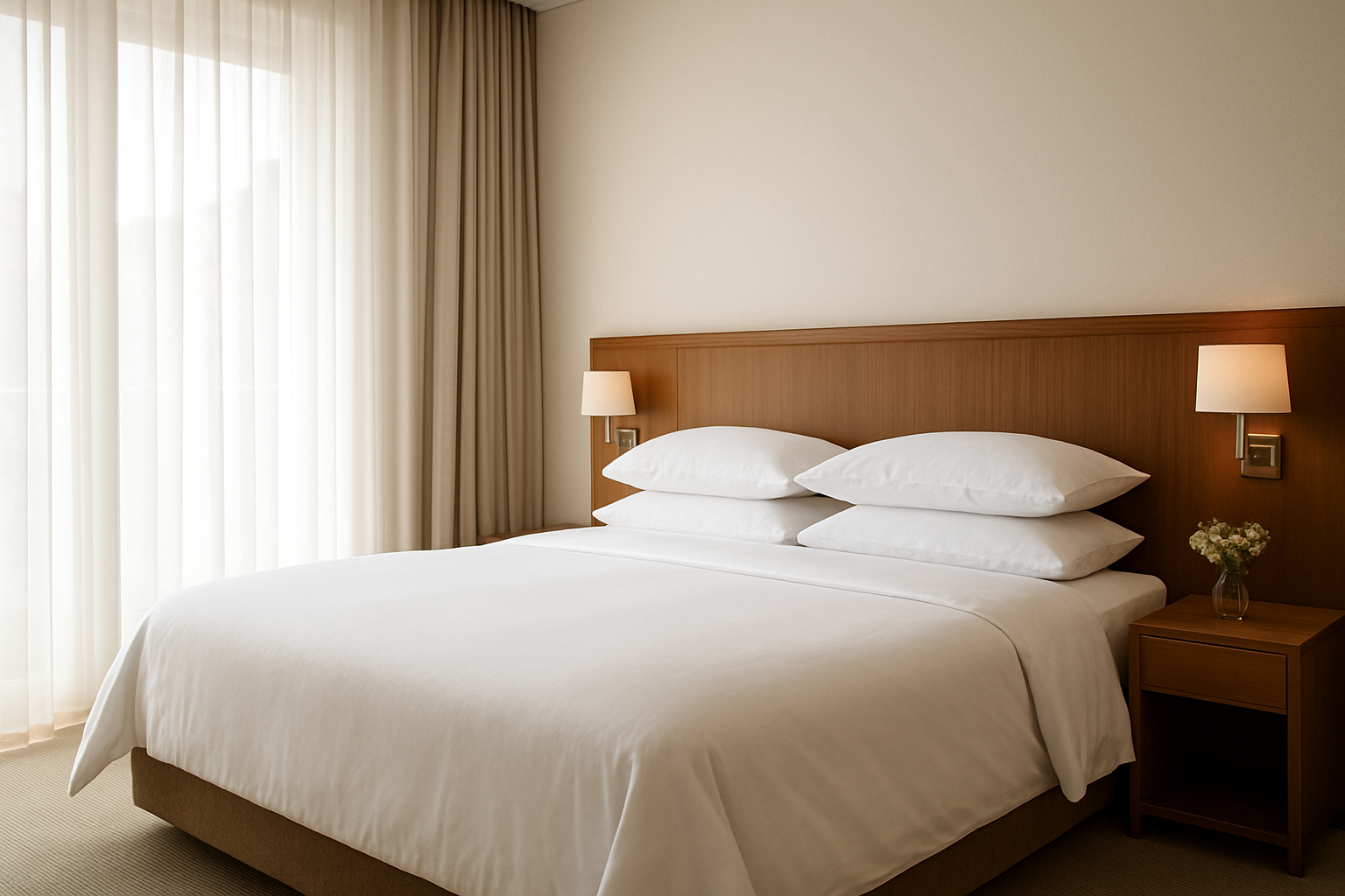 Lit d'hôtel avec oreillers blancs moelleux, draps en coton et lumière naturelle tamisée dans une chambre élégante