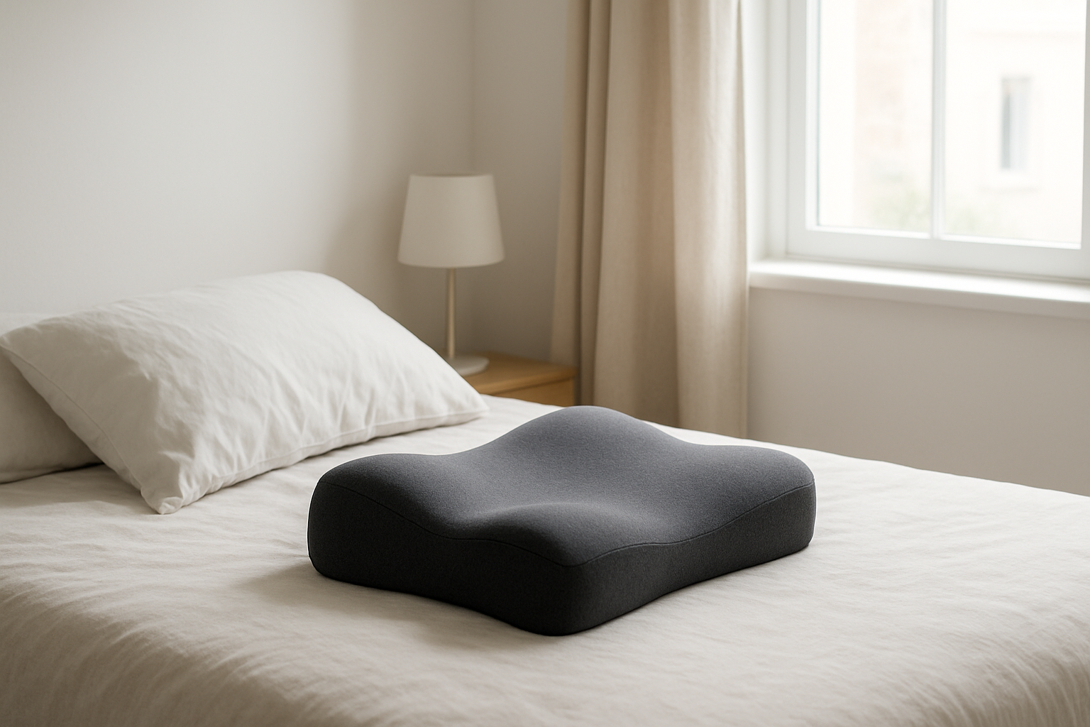 Oreiller mémoire de forme ergonomique gris sur un lit blanc dans une chambre lumineuse, avec une taie en coton froissé à côté