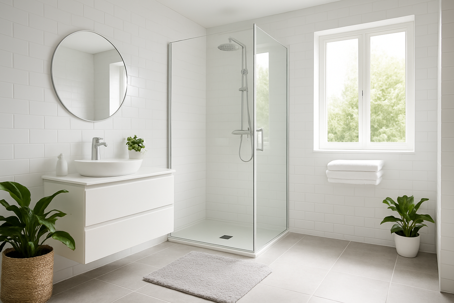 Tapis antidérapant gris clair en microfibre posé devant une douche vitrée dans une salle de bain lumineuse avec carrelage blanc et plantes vertes.