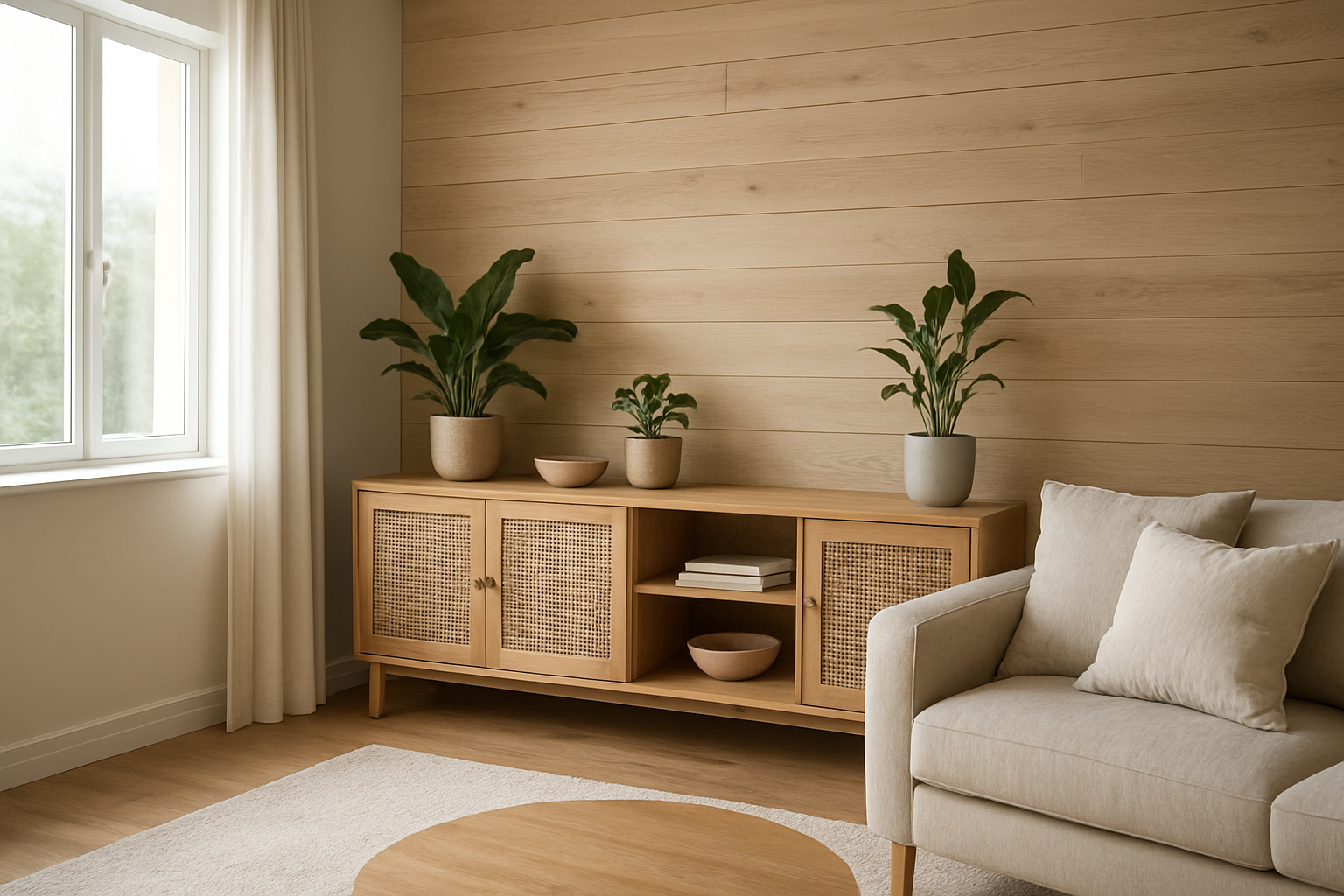 Salon moderne avec un meuble de rangement salon bas en bois clair, des étagères ouvertes avec des livres et des plantes, canapé beige et coussins en lin, lumière naturelle.