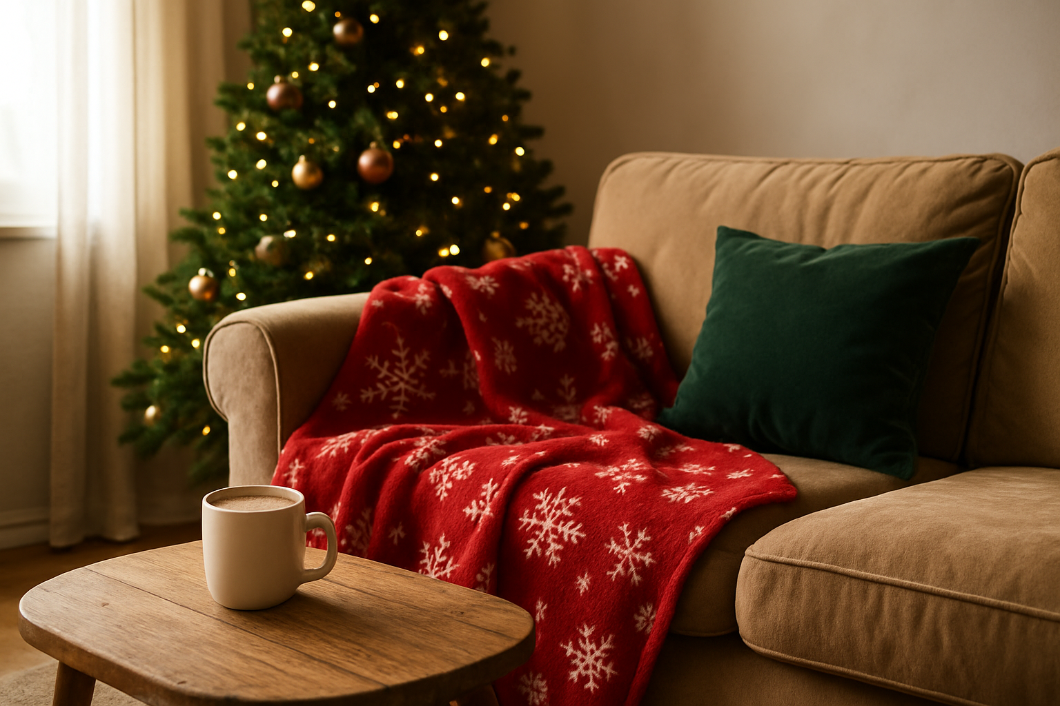 Plaid de Noël rouge à motifs de flocons blancs posé sur un canapé beige, avec un coussin vert sapin et une tasse de chocolat chaud, dans un salon décoré pour Noël.