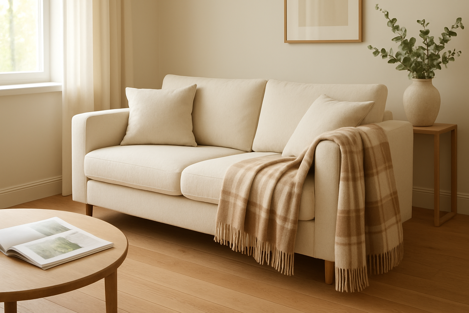 Plaid Linvosges en cachemire beige drapé sur un canapé clair dans un salon lumineux au style minimaliste, avec coussins assortis et lumière naturelle.