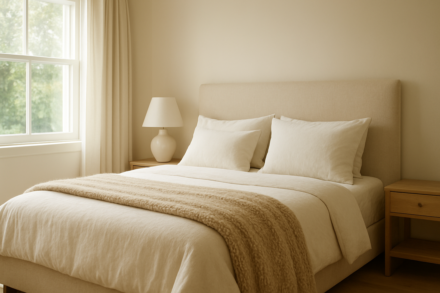 Lit recouvert d'un plaid en laine beige plié au pied, avec table de nuit et lampe, chambre lumineuse et cosy