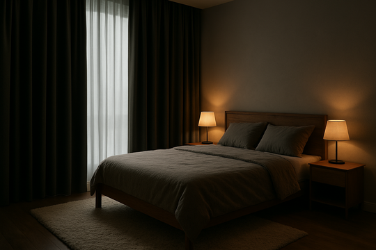 Rideau occultant gris foncé dans une chambre cosy, bloquant la lumière du jour, avec une lampe de chevet allumée créant une ambiance tamisée.