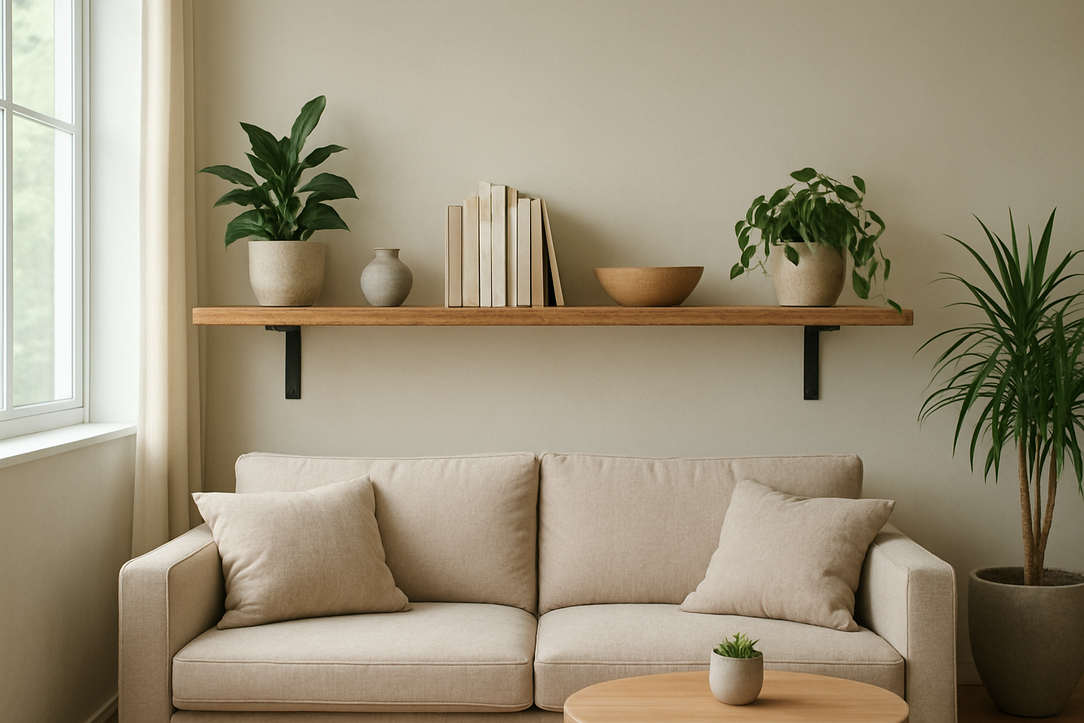 Étagère en bois brut avec supports invisibles dans un salon lumineux, livres et plantes vertes, décoration intérieure moderne.