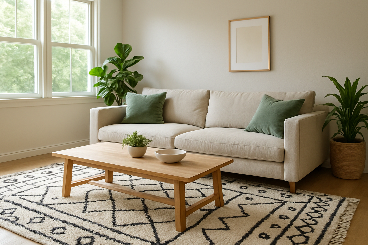 Salon lumineux avec canapé beige, table basse en bois, et tapis design berbère aux motifs géométriques noirs et crème au sol, plantes vertes et coussins verts.