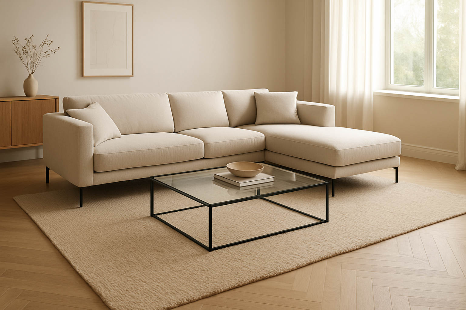 Salon spacieux avec un grand tapis rectangulaire beige en laine de 200x300 cm sous un canapé d'angle moderne et une table basse en verre, lumière naturelle, décoration minimaliste