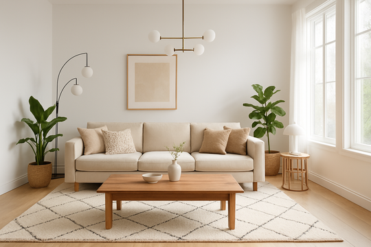 Salon moderne lumineux avec canapé beige, coussins, table basse en bois, tapis berbère, plantes vertes et luminaires design, illustrant une formation en décoration intérieure