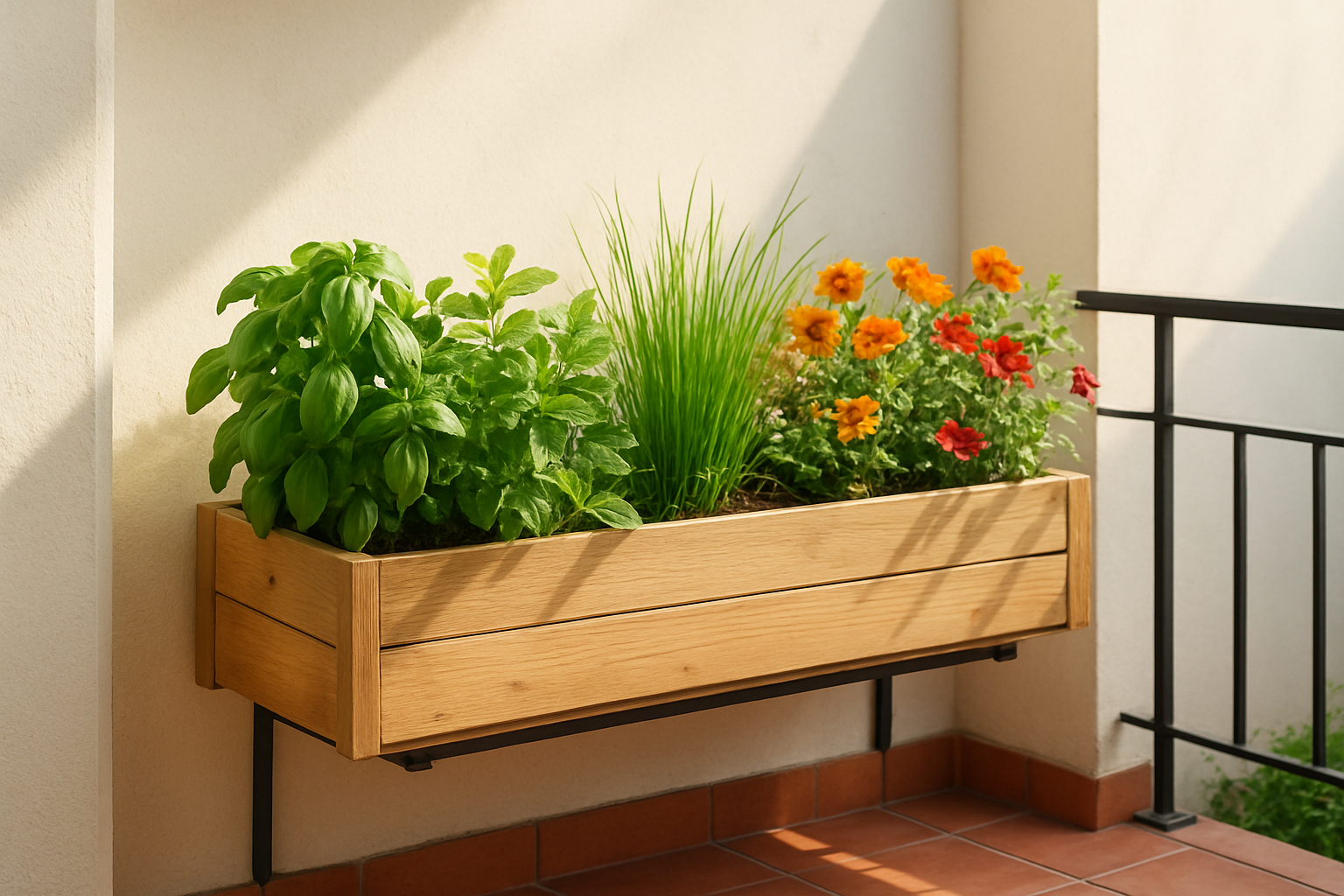 Jardinière en bois sur un balcon ensoleillé avec des herbes aromatiques et des fleurs, décorée dans un style naturel et chaleureux.