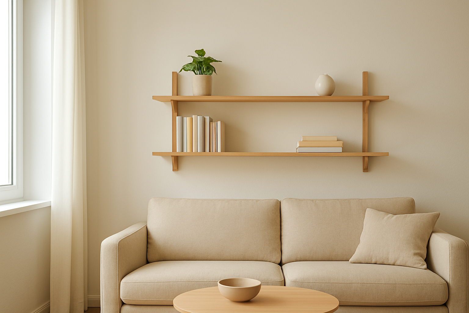 Étagère murale en bois clair de style scandinave dans un salon moderne avec livres et plante verte, lumière naturelle