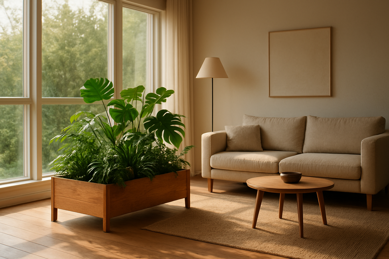 Jardinière en bois massif avec plantes vertes dans un salon lumineux, style déco moderne
