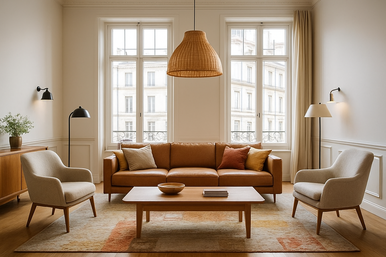 Salon lumineux à Lyon avec un lustre design suspendu, des lampes sur pied et des appliques murales, créant une ambiance chaleureuse et moderne dans un intérieur décoré avec soin.