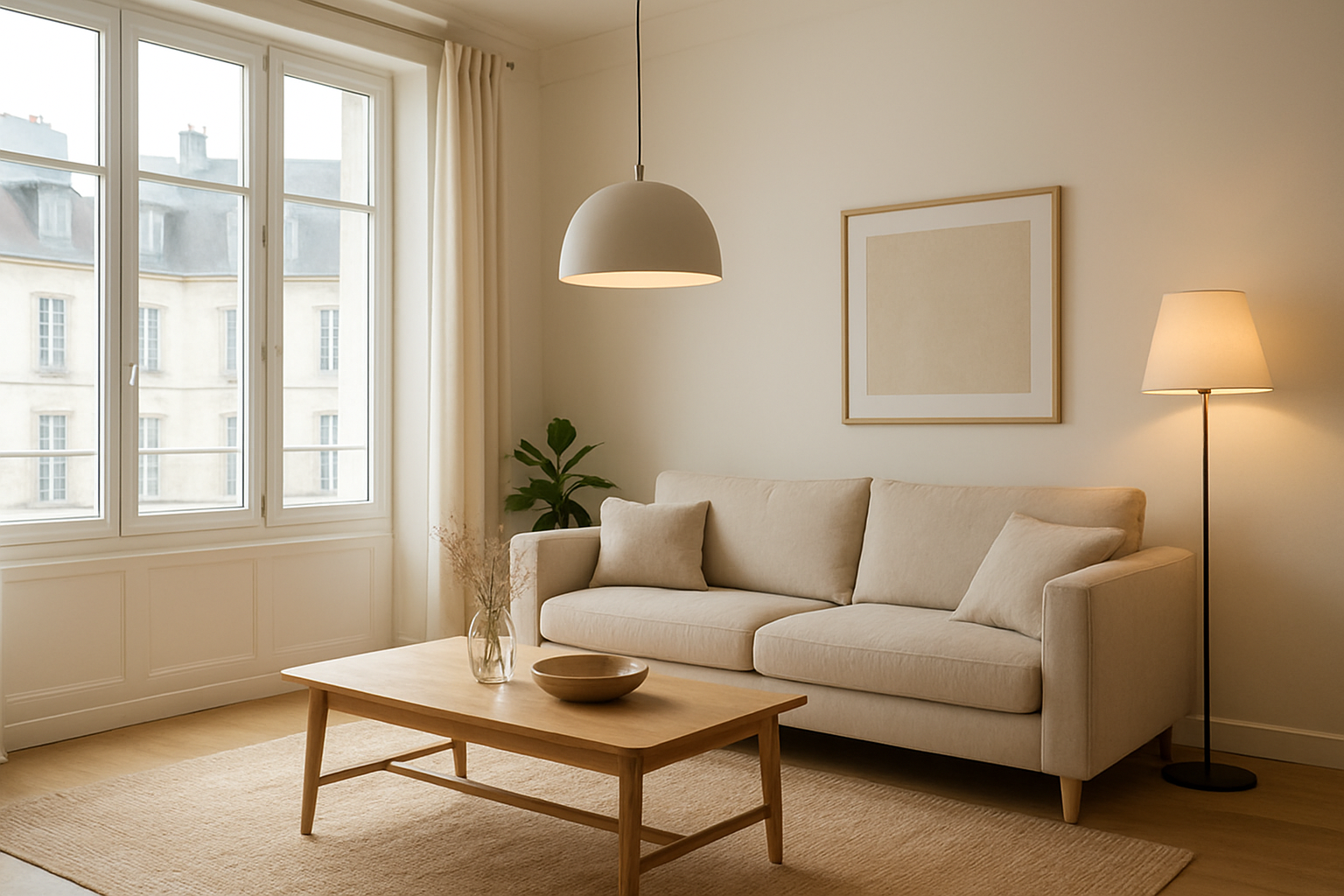 Salon lumineux à Rennes avec un lustre design suspendu et une lampe sur pied, ambiance chaleureuse, décoration intérieure moderne