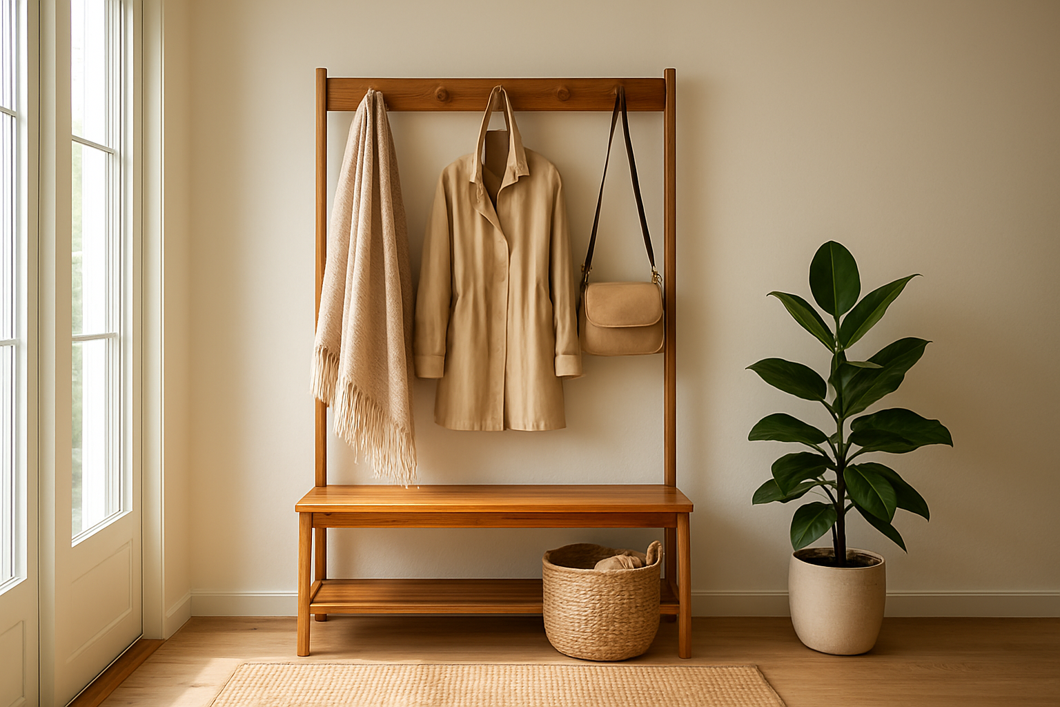 Entrée moderne avec un meuble porte manteau en bois, un banc, un miroir mural et un panier en osier, baigné de lumière naturelle