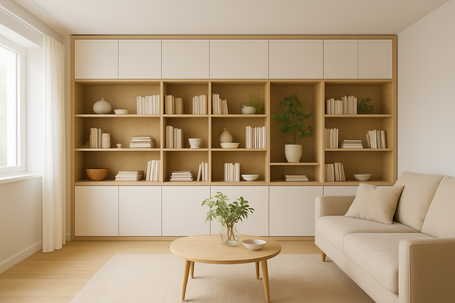 Meuble de rangement salon moderne avec étagères ouvertes et rangements fermés, livres et décoration, lumière naturelle
