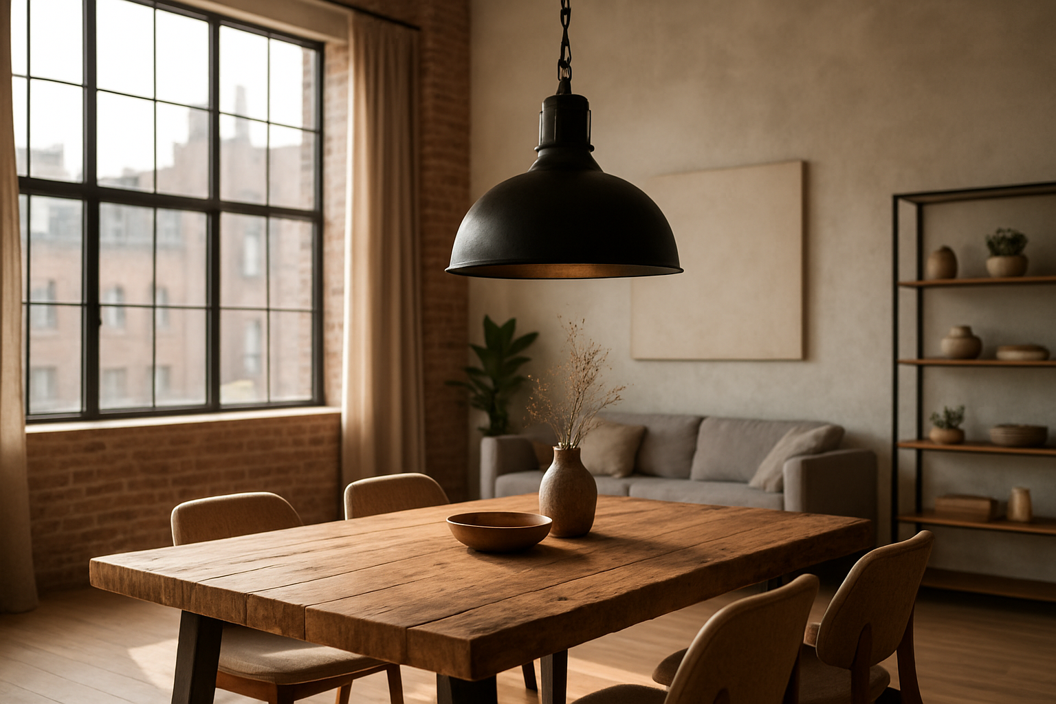 Suspension abat-jour industriel noir au-dessus d'une table en bois dans un loft lumineux