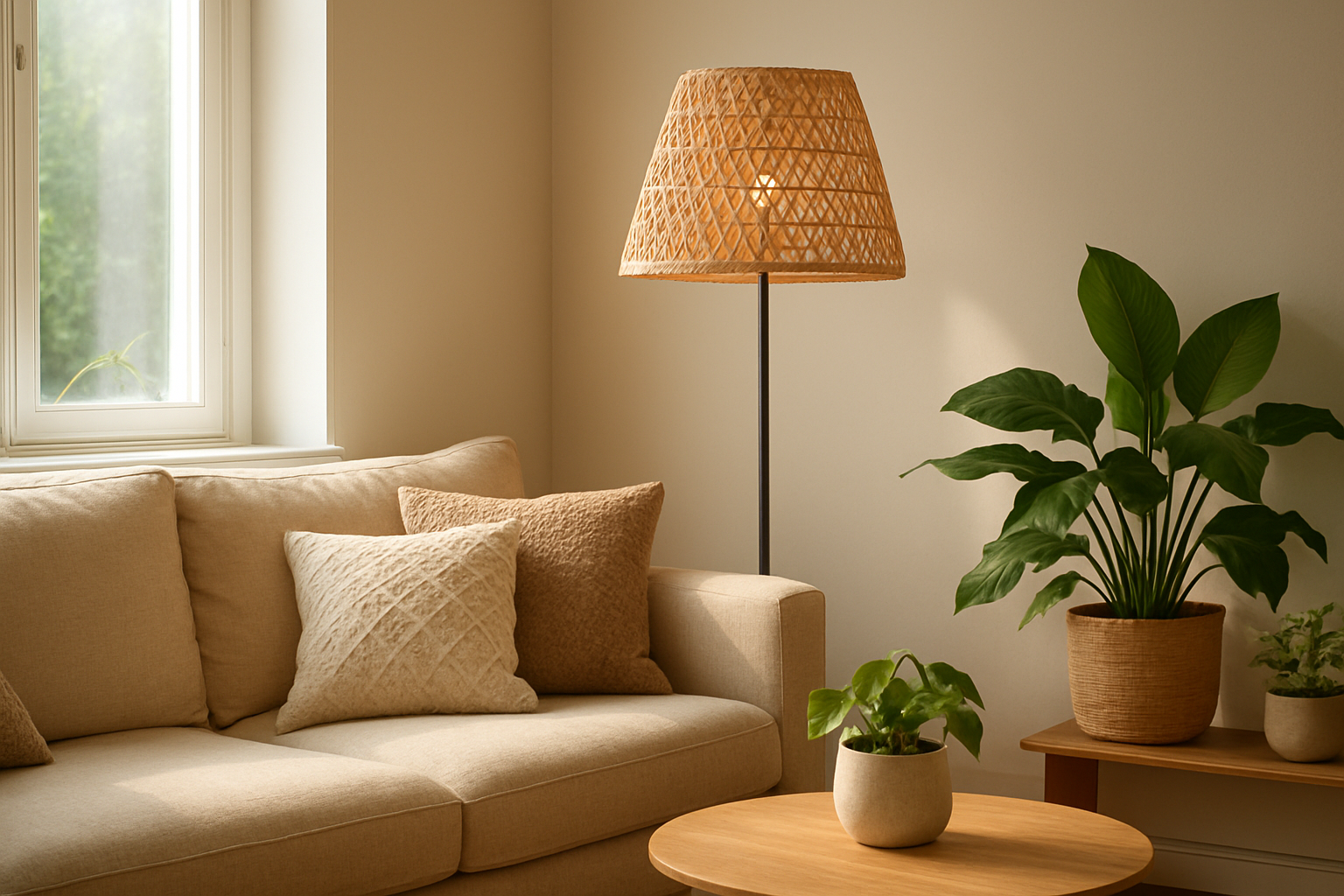 Lampadaire avec abat-jour original en rotin tressé dans un salon lumineux, canapé beige et plantes vertes