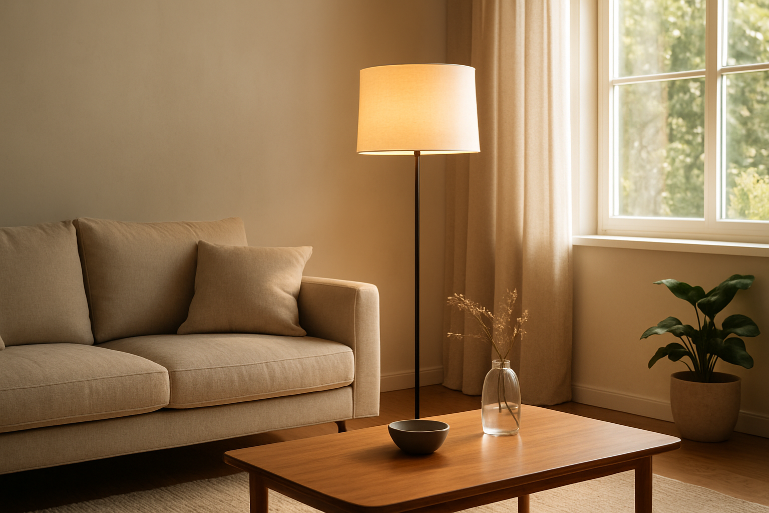 Lumière naturelle inondant un salon moderne, un lampadaire avec un abat-jour sur mesure en tissu crème diffusant une lueur chaleureuse, canapé beige et table basse en bois.