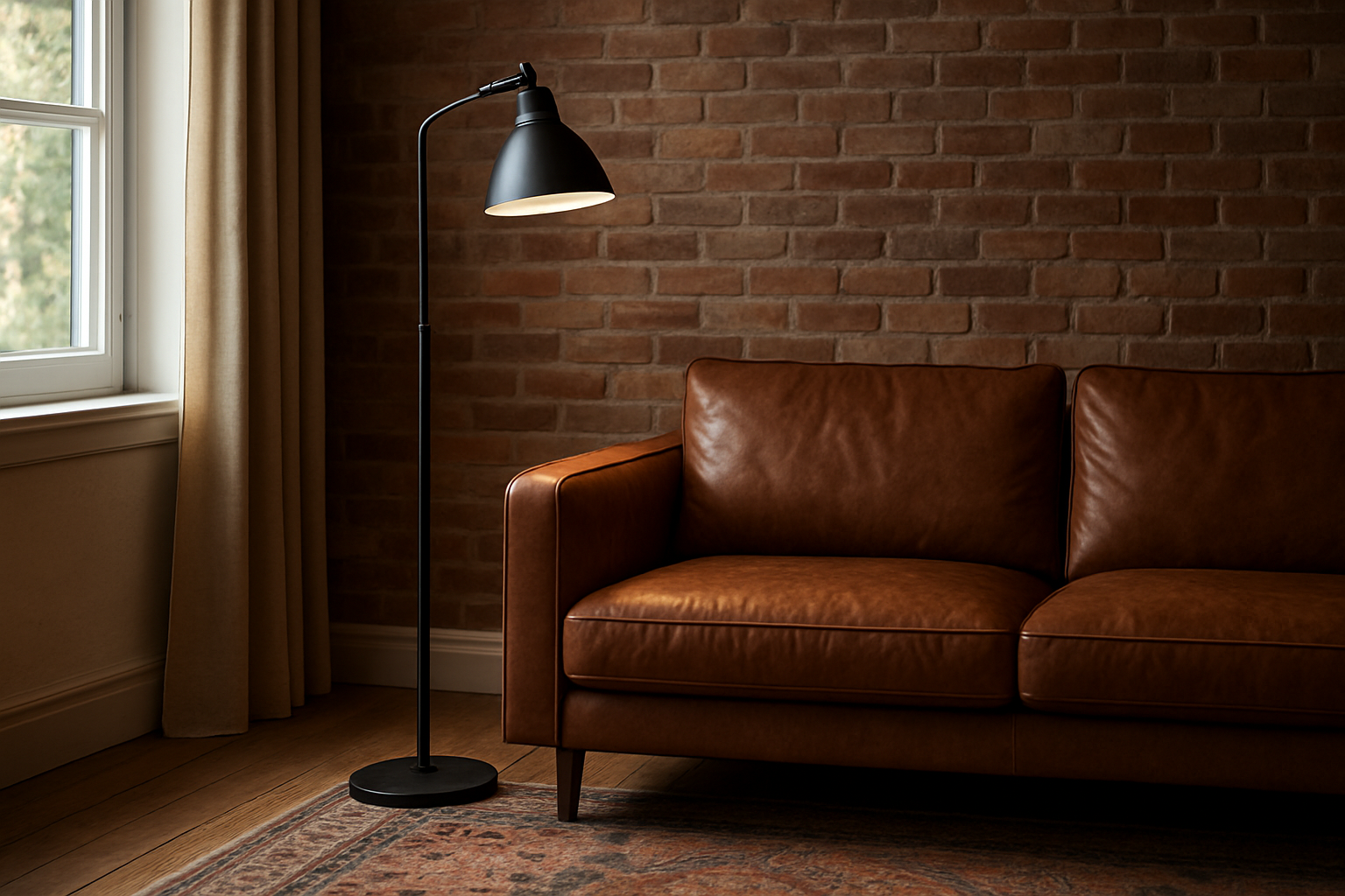 Lampadaire style industriel en métal noir avec abat-jour conique dans un salon loft avec mur en briques apparentes et canapé en cuir