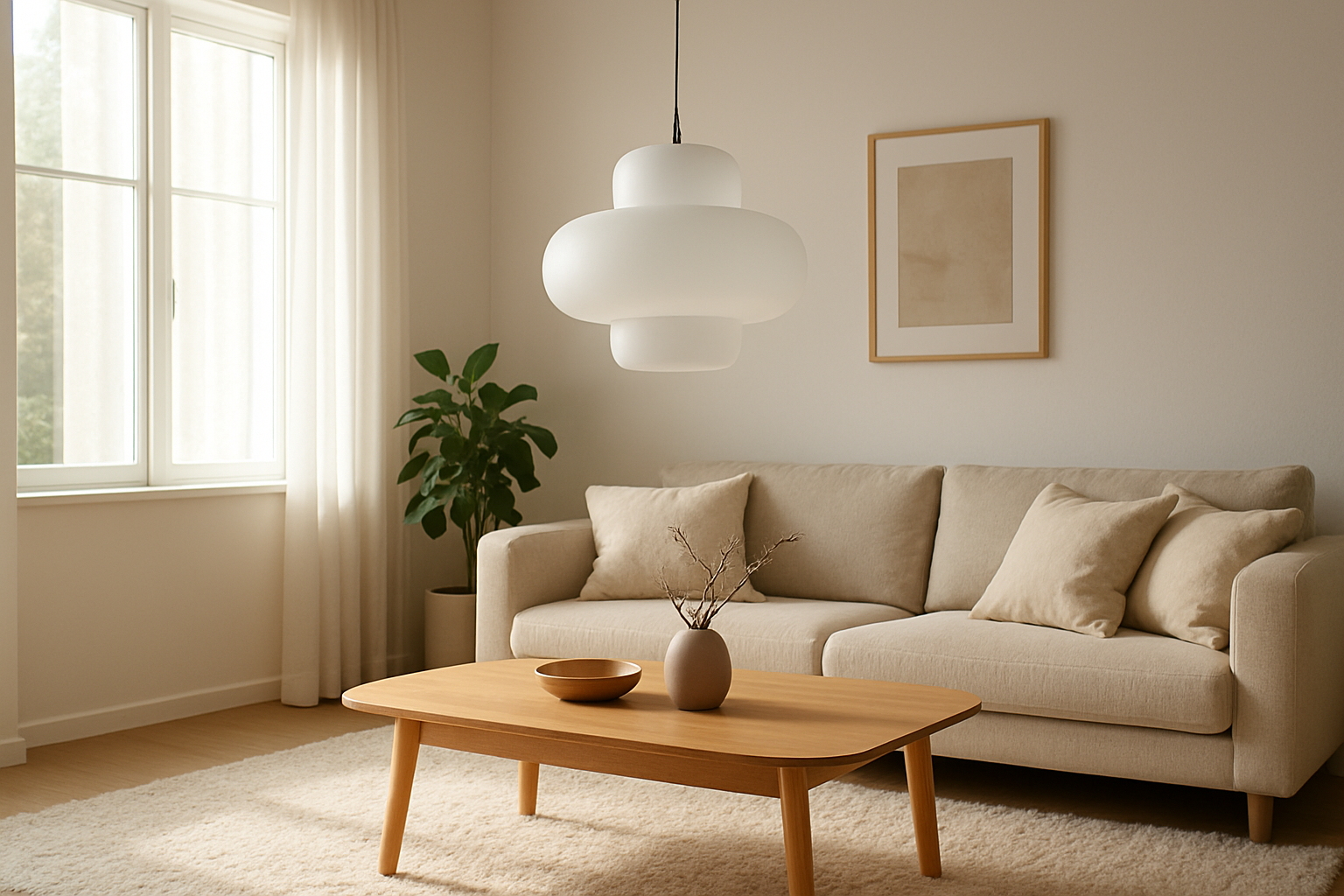 Lustre but en verre dépoli suspendu dans un salon scandinave avec canapé beige et table basse en bois, lumière naturelle.