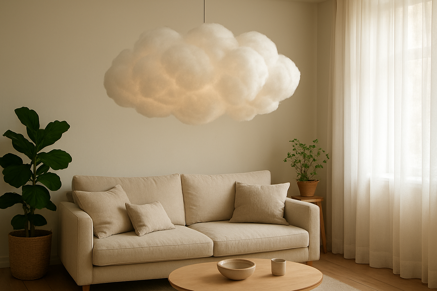 Nuage luminaire suspendu en coton blanc au-dessus d'un canapé beige dans un salon lumineux avec plantes vertes et coussins en lin