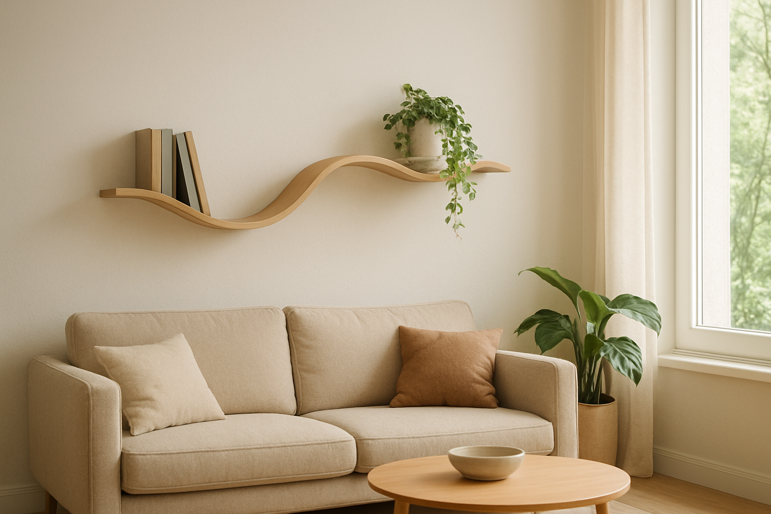 Étagère originale en bois clair en forme de vague dans un salon lumineux, avec livres, vase blanc et plante verte, décor moderne et épuré.