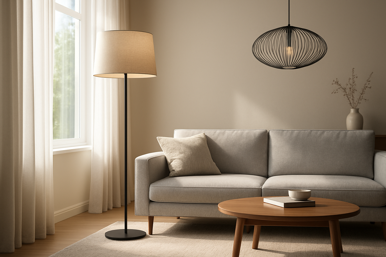 Grand lampadaire sur pied design en métal noir et abat-jour en lin dans un salon lumineux avec canapé gris et table basse en bois