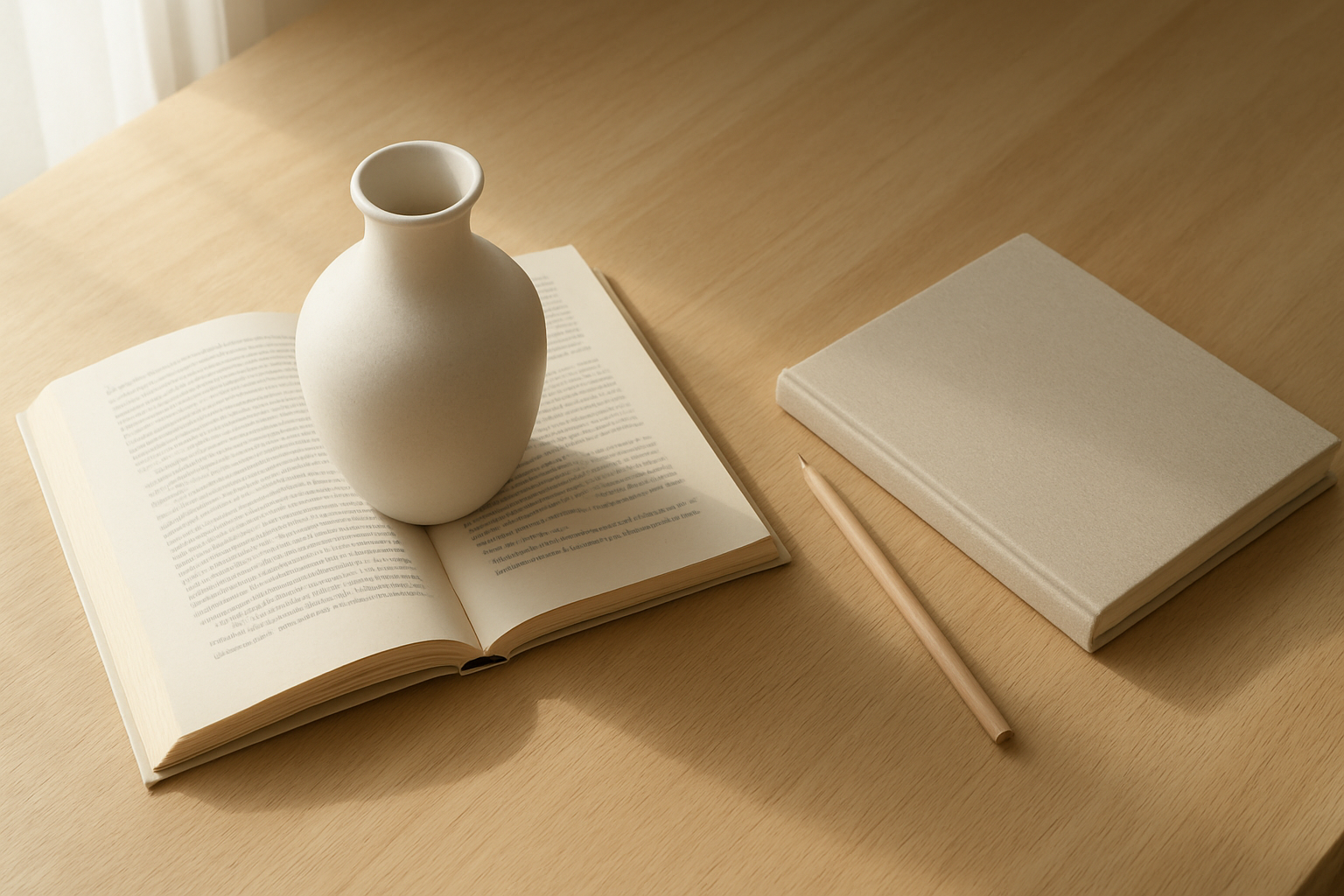 Vase en céramique blanche posé sur un livre ouvert avec un carnet de croquis et un crayon, lumière naturelle d'une fenêtre, ambiance calme et créative