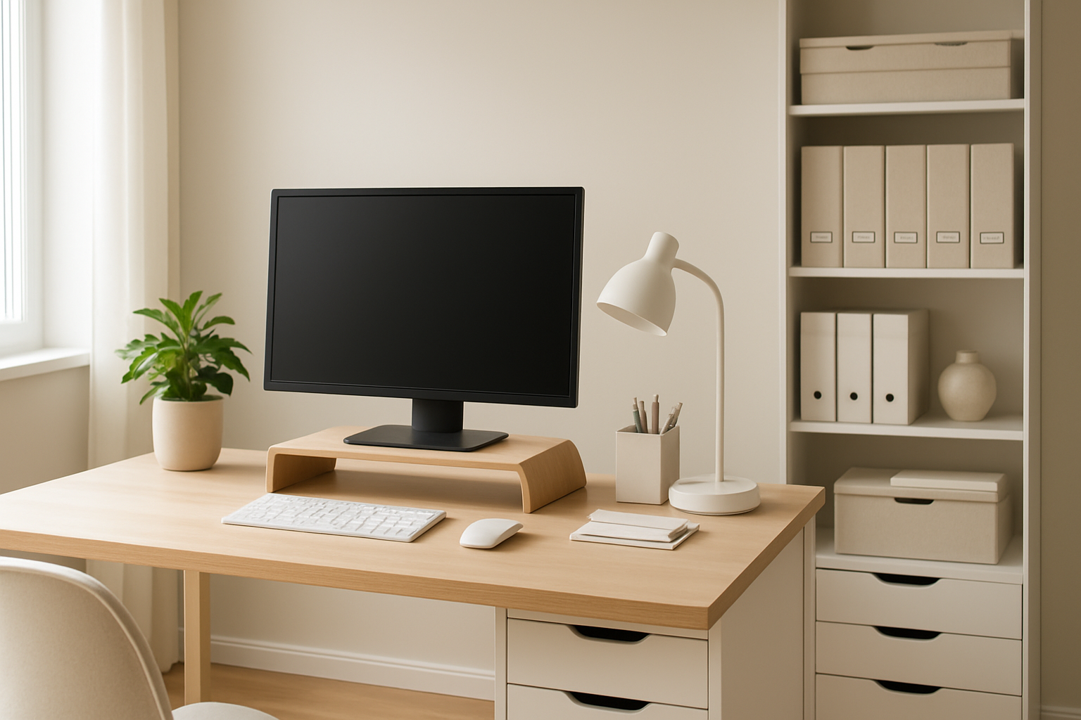 Bureau lumineux avec un caisson à tiroirs blanc IKEA ALEX, un organisateur de bureau en bois et des boîtes de rangement étiquetées, créant un espace de travail ordonné et fonctionnel.