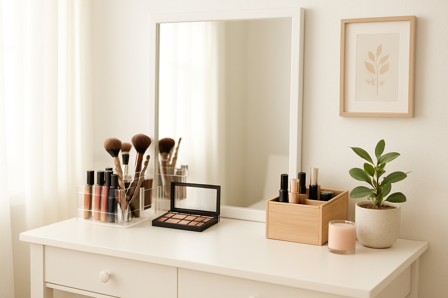 Coiffeuse blanche lumineuse avec organiseur acrylique transparent pour rangement maquillage, boîte en bois et accessoires déco, style magazine.