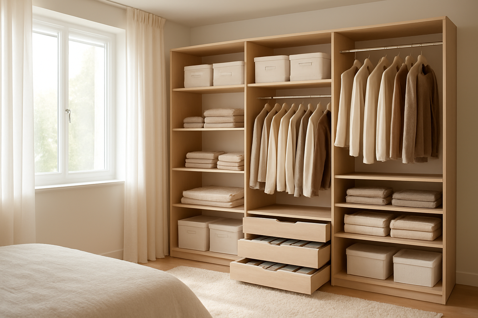 Dressing ouvert avec étagères en bois, boîtes de rangement en tissu blanc, vêtements pliés verticalement dans tiroirs, penderie avec cintres velours, lumière naturelle