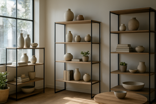 Étagère magasin en bois et métal dans une boutique lumineuse, présentant des objets de décoration et des plantes