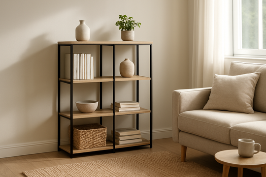 Étagère Vasagle cube en bois clair et métal noir dans un salon lumineux, avec livres et plante verte, style scandinave