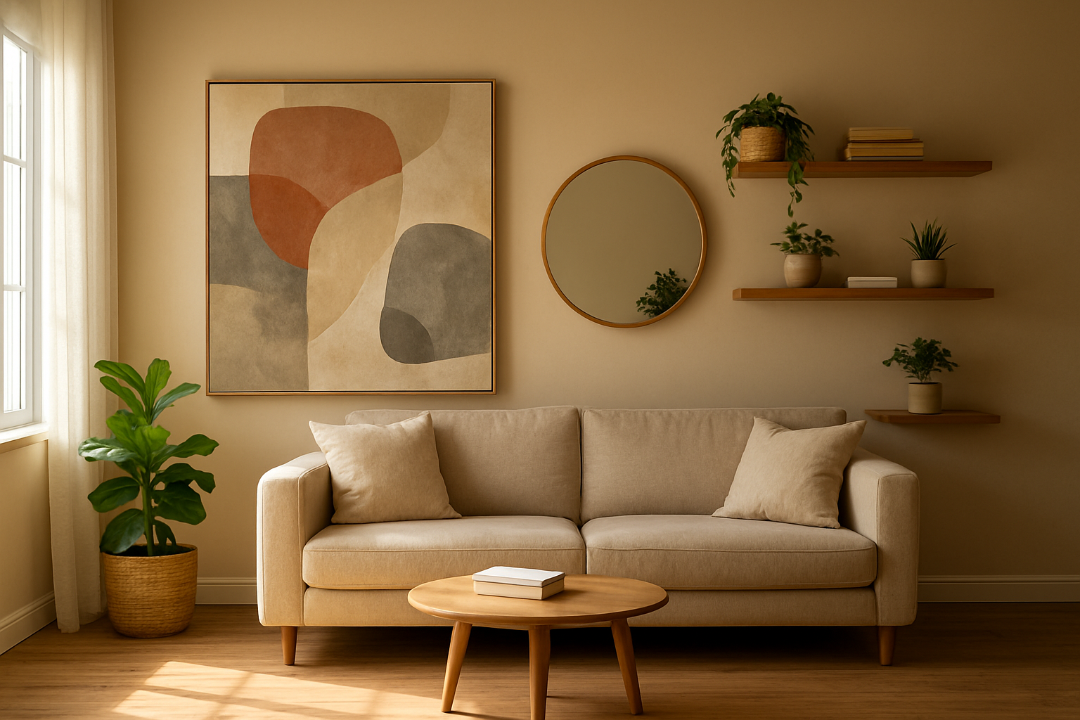 Salon moderne avec mur d'accent décoré d'un tableau abstrait, d'un miroir rond et d'étagères en bois avec plantes et livres, lumière naturelle.