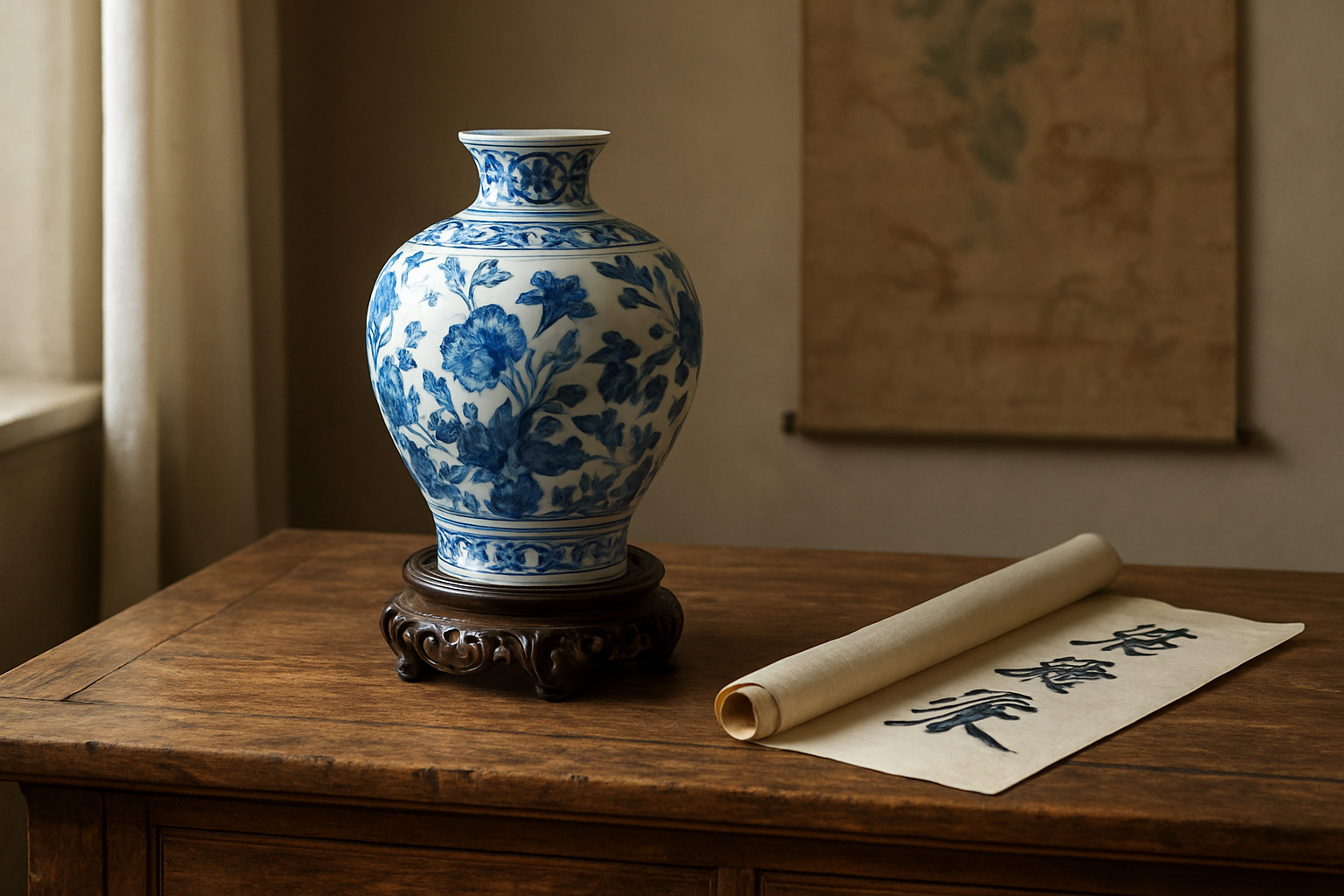 Vase Ming bleu et blanc posé sur une table en bois ancien, avec un rouleau de calligraphie, éclairé par une lumière naturelle douce.