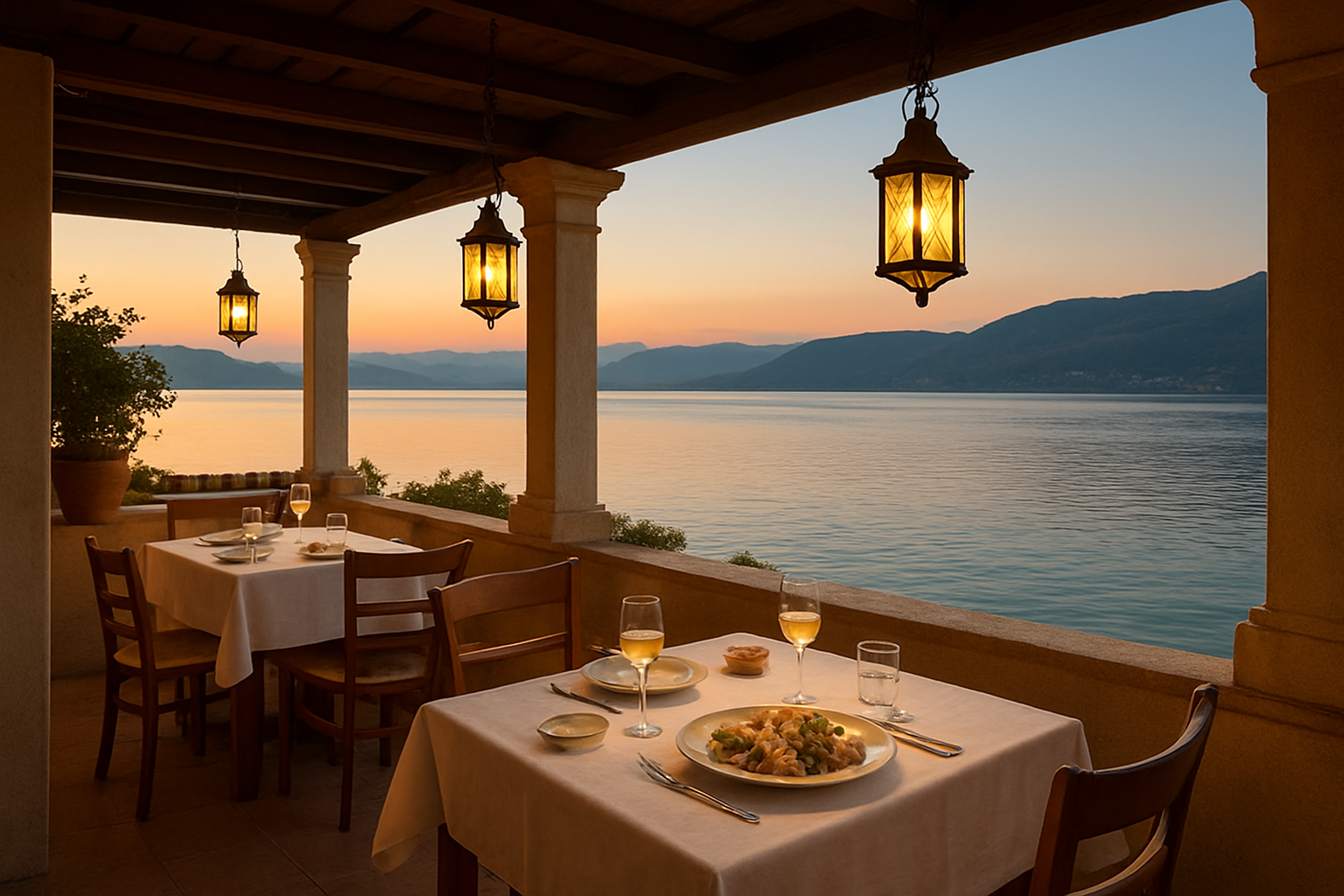 Terrasse du restaurant Le Miroir à Martigues avec vue sur l'étang de Berre au coucher du soleil, tables dressées avec nappes blanches et plats méditerranéens