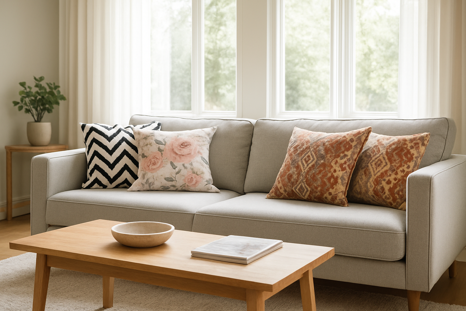 Canapé gris clair avec coussins décoratifs aux motifs géométriques, floraux et ethniques dans un salon lumineux au style moderne, illustrant différents types de dessin coussin.