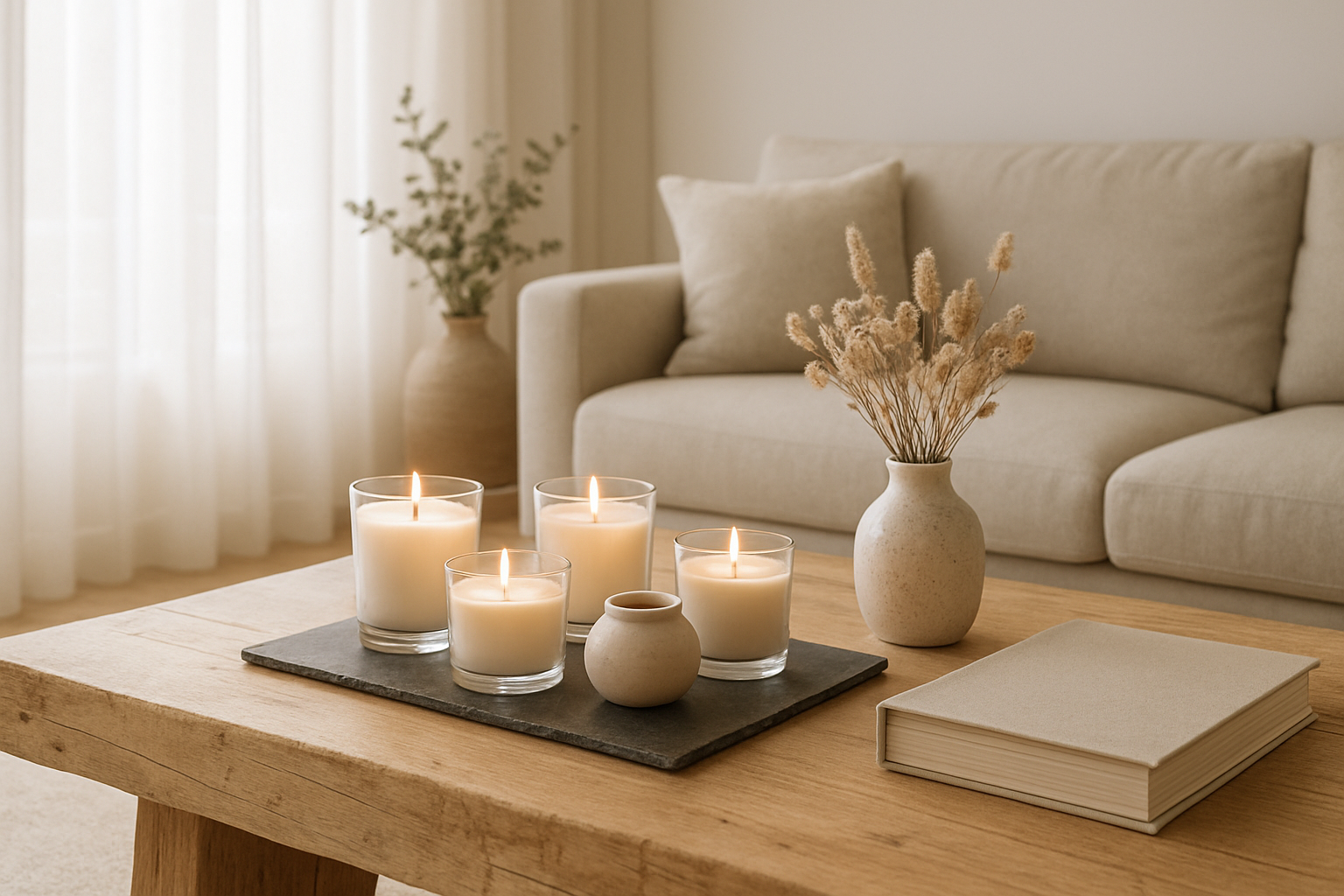 Collection de bougies parfumées en verre et céramique sur une table basse en bois, dans un salon lumineux avec voilage blanc, ambiance déco naturelle.