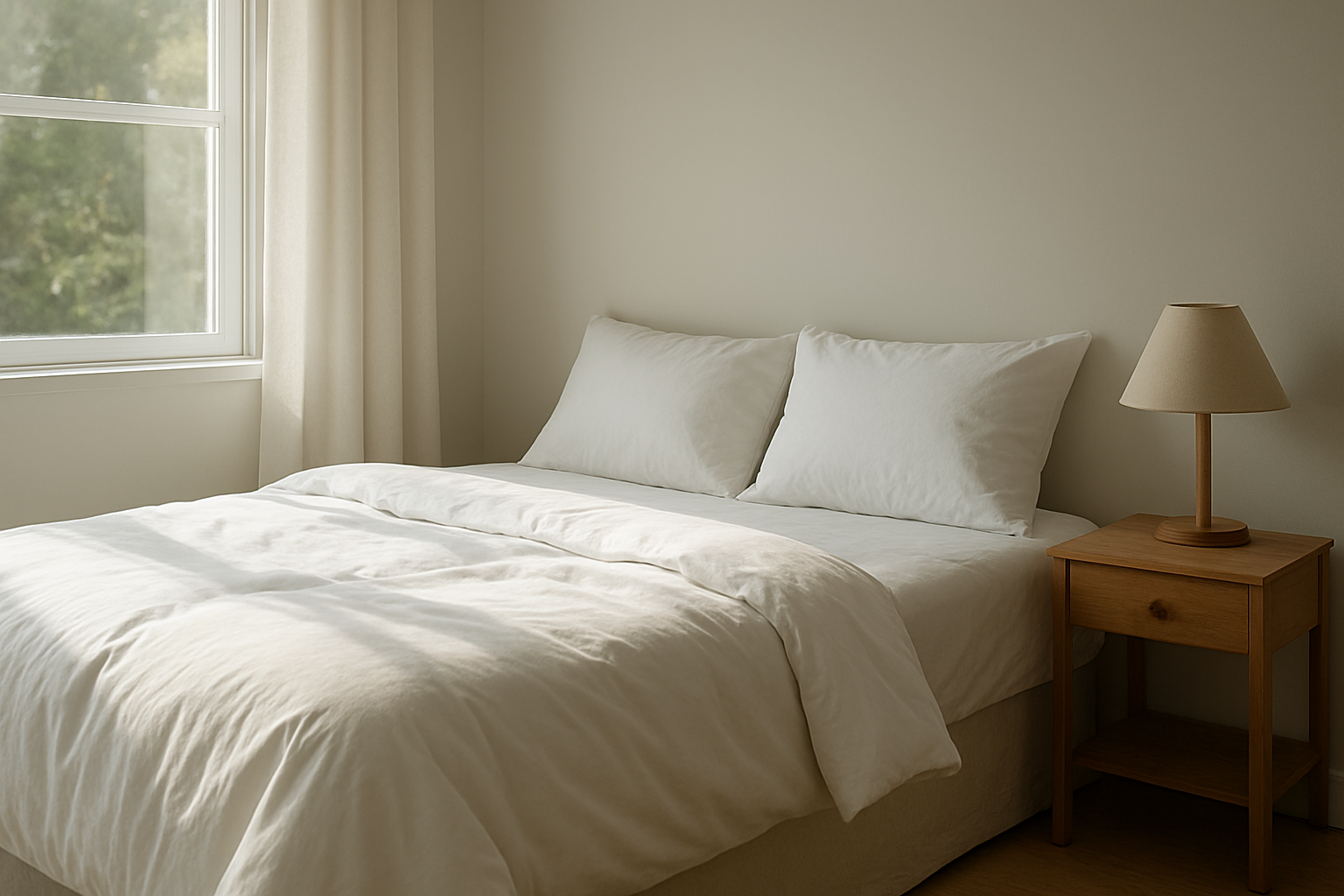 Lit 140x190 avec couette blanche en coton dans une chambre lumineuse au style minimaliste, lumière naturelle du matin