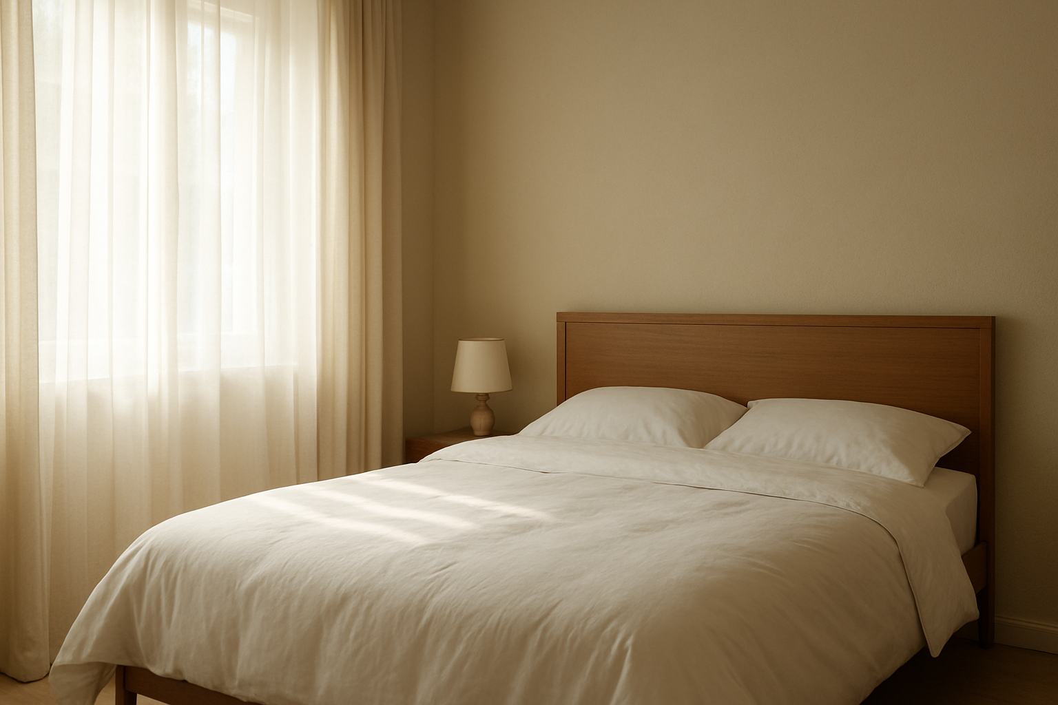 Lit bien fait avec draps blancs et couette épaisse, sans oreiller, dans une chambre lumineuse et minimaliste au matin, illustrant le sommeil sans oreiller.