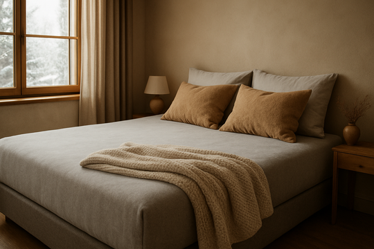 Drap housse flanelle 160x200 gris clair sur lit double dans une chambre d'hiver lumineuse et cosy