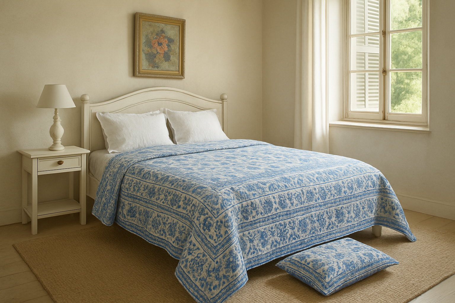 Couvre-lit en boutis provençal bleu et blanc sur un lit en bois dans une chambre lumineuse, avec coussin assorti et décoration provençale.