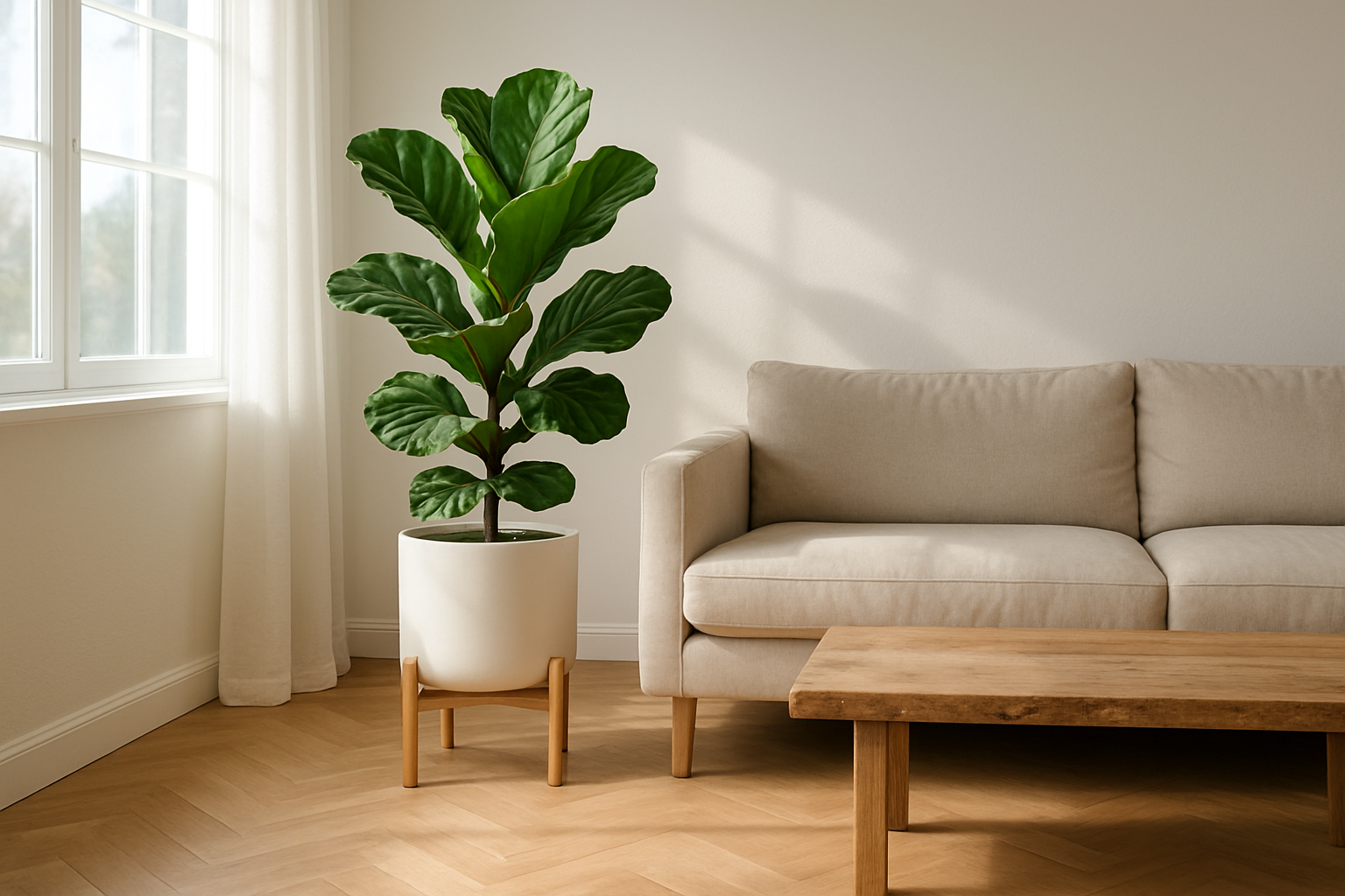 Cache-pot sur pied en céramique blanche avec pied en bois, contenant un ficus lyrata, dans un salon lumineux au parquet chêne et canapé beige.