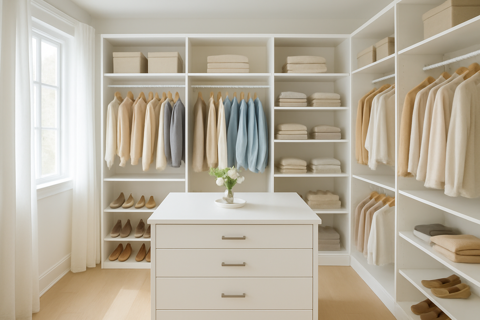 Walk-in dressing blanc avec étagères modulaires, penderies ordonnées et rangement à chaussures, baigné de lumière naturelle