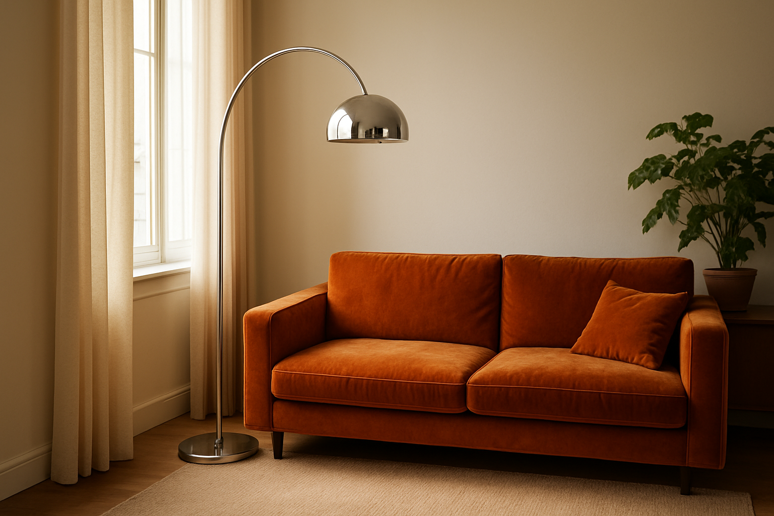 Lampadaire à arche chromé des années 70 dans un salon rétro avec canapé orange, lumière naturelle