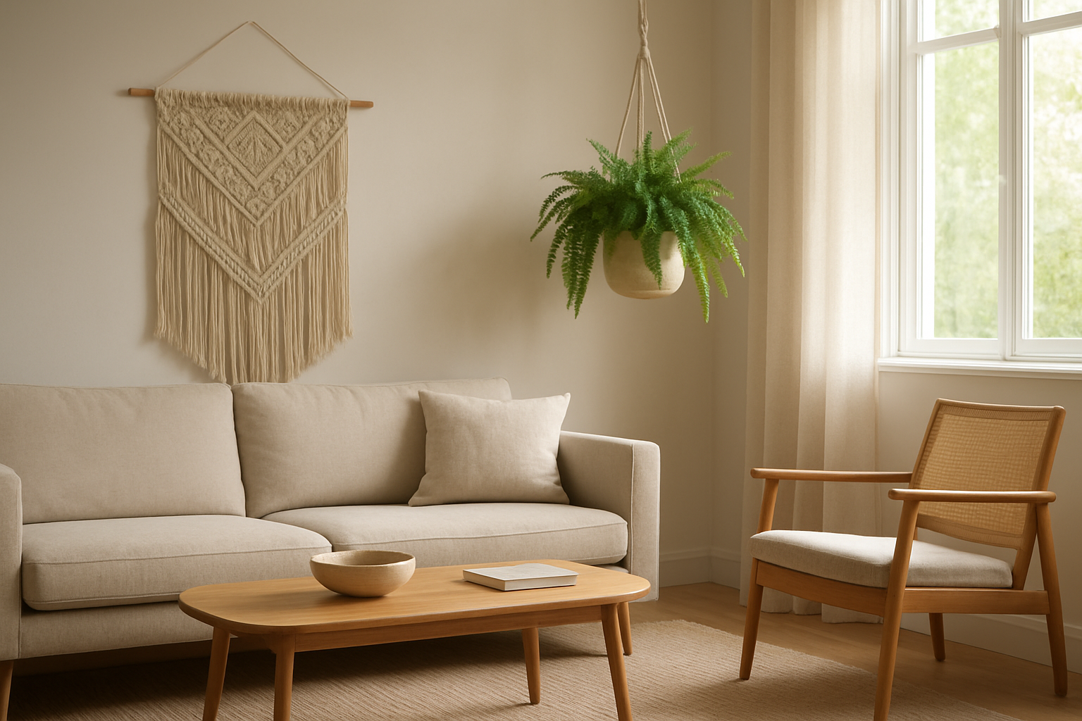 Tenture murale en macramé beige dans un salon scandinave avec suspension pour plante verte, lumière naturelle et décoration épurée.