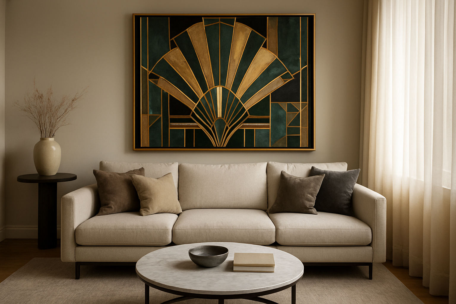 Salon élégant avec un grand tableau Art Déco géométrique aux motifs dorés et noirs, posé sur un mur clair au-dessus d'un canapé moderne, avec lumière naturelle et rideaux légers.