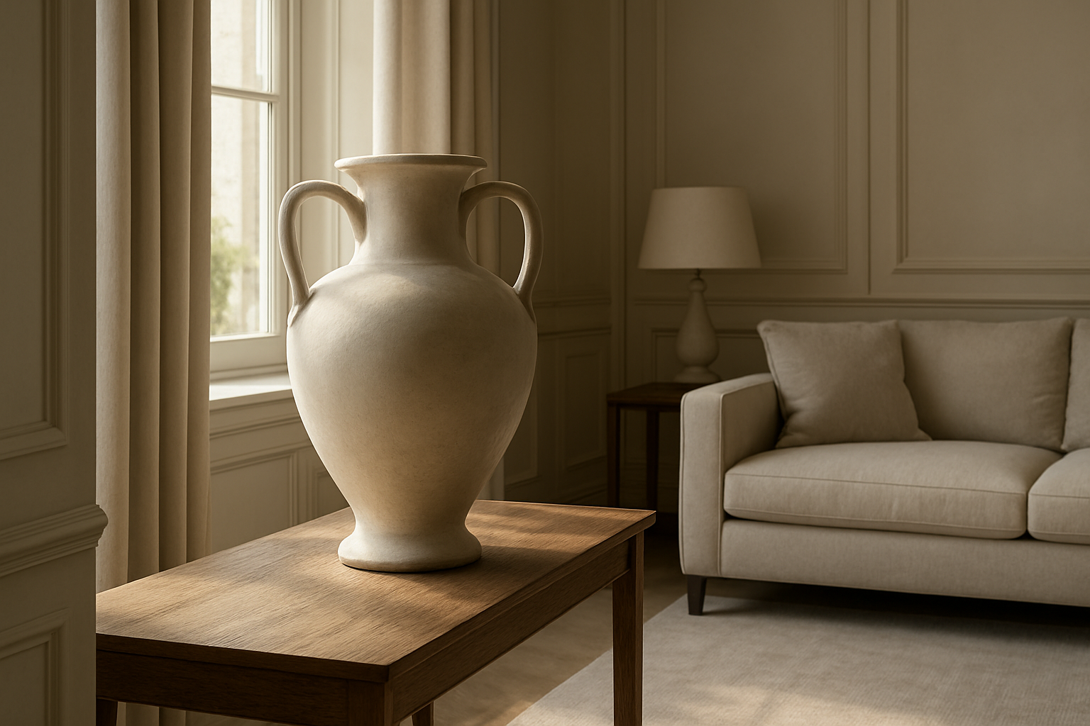 Grand vase Médicis en céramique blanche posé sur une console en bois dans un salon lumineux au style classique moderne